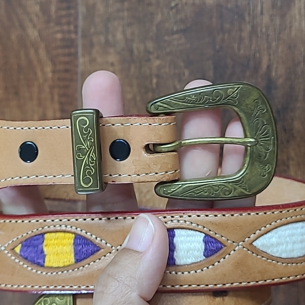Western Leather Embroidered Belt with Brass Accents Tan, Purple, Yellow, White - Picture 2 of 12